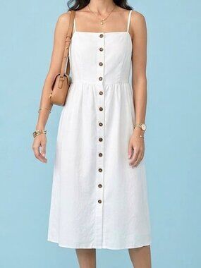 White Button-Front Linen Blend Midi Sundress
